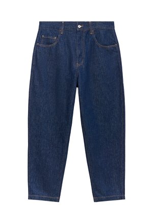 Donkerblauwe denim jeans met vijf zakken, een rechte pasvorm en contrasterende stiksels. Voorzien van een metalen knoopsluiting op de taille.