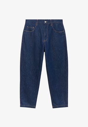 Ciemnoniebieskie dżinsy z pięcioma kieszeniami, prostym krojem nogawki i kontrastowym szwem. Posiadają metalowy zamek błyskawiczny na talii.