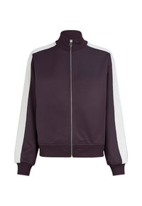 Bordeauxkleurige ritsjack met hoge kraag, contrasterende grijze zijpanelen en ribgebreide manchetten. Bevat een geborduurd logo op de borst.