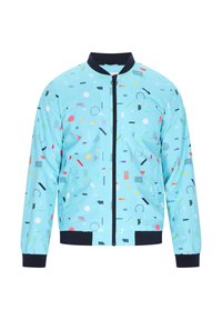 Lichtblauwe bomberjack met kleurrijke abstracte patronen, voorzien van een rits aan de voorkant, marineblauwe boorden en zoom. Gladde, lichte stof.