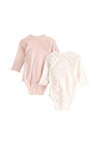 Twee baby rompertjes: één lichtroze met een textuurpatroon en één ivoor met een bloemenprint; beide hebben lange mouwen en geribbelde manchetten.