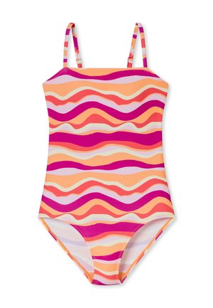 Kostium jednoczęściowy w pomarańczowe, różowe i fioletowe fale. Posiada cienkie ramiączka i dopasowany krój. Wykonany z elastycznej, gładkiej tkaniny.