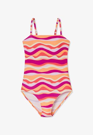 Jednodílné plavky v oranžových, růžových a fialových vlnkách. Mají tenké ramínka a přiléhavý střih. Vyrobeny z pružné, hladké látky.