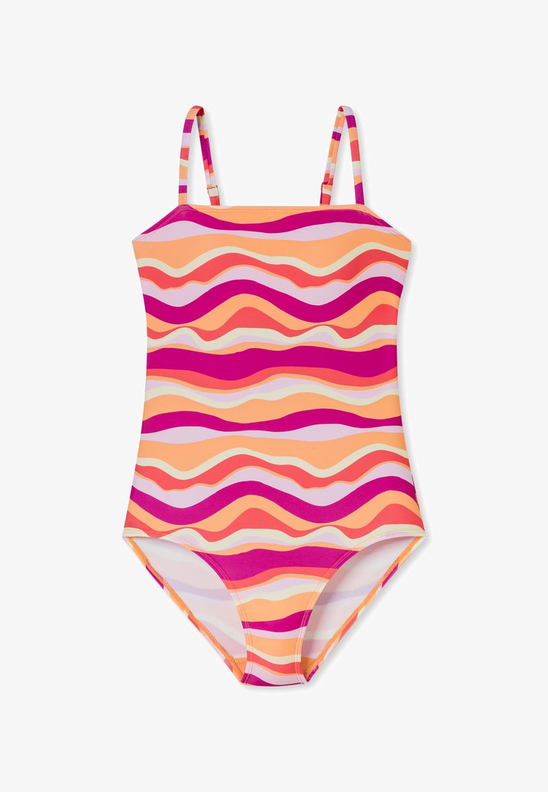 Einteiliger Badeanzug in Orange, Pink und lila Wellenmuster. Verfügt über dünne Träger und eine figurbetonte Silhouette. Hergestellt aus dehnbarem, glattem Stoff.