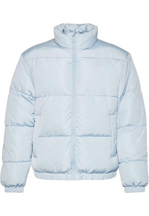 Light blue puffy jacket made of shiny fabric, featuring a stand-up collar, zip closure, and elastic cuffs and hem with quilted panels.