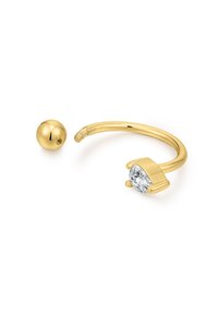 Auksinis kreivinis auskaras su skaidriu deimanto panašiu akmeniu, su nuimamu apvaliu rutulio uždarymu, užtikrinančiu saugų prigludimą. Lygus, poliruotas paviršius.