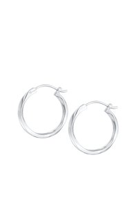 Orecchini a cerchio in argento con un design intrecciato, caratterizzati da una finitura lucida. Sono leggeri e sicuri grazie alla chiusura a molla.