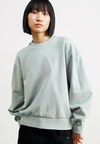 Heled roheline sweatshirt pehmest puuvilla segust, millel on soonikkoes, ümmargune kaelus ja lõdva lõikega, volangkäised ning soonikserv.
