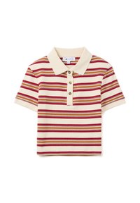 Polo de manga corta en color crema con rayas horizontales rojas y marrones, que cuenta con un cuello clásico y una tapeta de tres botones. Tela ligera.