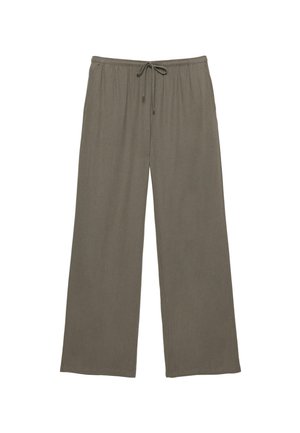 Pantaloni largi kaki cu talie elastică și șnur frontal, confecționați dintr-un material moale și ușor.