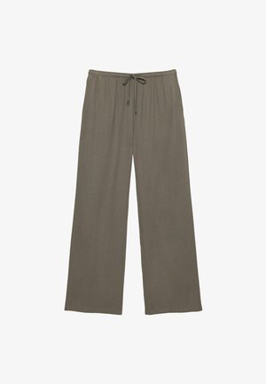 Szerokie spodnie w kolorze oliwkowej zieleni z elastycznym pasem i sznurkiem z przodu, wykonane z miękkiej, lekkiej tkaniny.