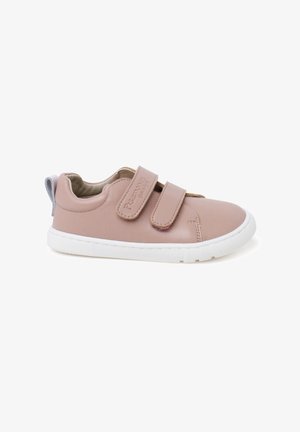 Pink leather sneaker with white rubber sole, two adjustable Velcro straps, and a soft inner lining. Features a small blue accent at the heel.