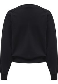 Sudadera negra con mangas raglán largas, cuello redondo y puños acanalados. Textura mate, diseño recortado y espalda sin costuras.