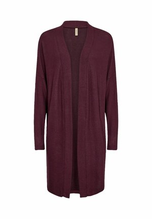 Burgundský dlouhý cardigan vyrobený z měkké, lehké látky, s otevřeným předním dílem, spadlými rameny a bočními kapsami.