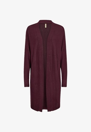 Cardigan lung burgund cu material moale, ușor, cu față deschisă, umeri lăsați și buzunare laterale.