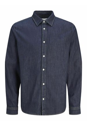 Cămașă din denim albastru închis, cu guler ascuțit, mâneci lungi și nasturi albi. Prezintă cusături vizibile pe cusături și pe mansete.