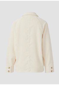 Lichtbeige geribde shirt met een kraag, lange mouwen en knoopmanchetten. Kenmerkt zich door verticale strepen en een recht achterontwerp.