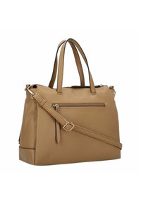 Tasche aus braunem Leder mit doppelten Griffen und einem abnehmbaren Schultergurt. Verfügt über eine vordere Reißverschlusstasche und eine strukturierte Oberfläche. Strukturierte Form.