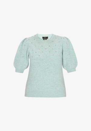 Mintgrøn sweater med puffærmer, tekstureret stof og pyntet med små sølvfarvede nitter over brystet og skuldrene. Klassisk rund hals.