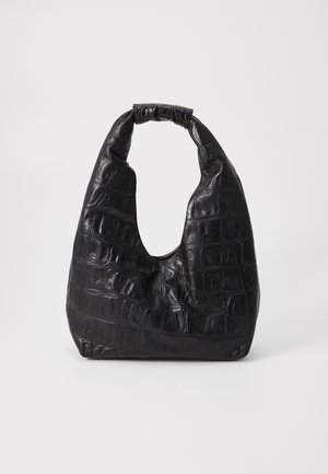 Black croc-embossed leather handbag with a curved, padded handle and an open top. The body features a textured, glossy finish.