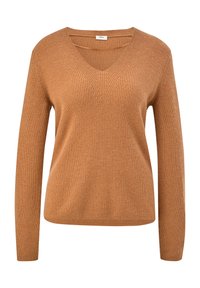 Brązowy sweter dziany z dekoltem w szpic, długimi rękawami i prążkowaną fakturą. Posiada delikatne detale w formie ściegów na kołnierzu i dolnym brzegu.