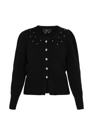 Juodas kardiganas su pūstomis rankovėmis, mygtukų užsegimu ir išsibarsčiusiais mažais brangakmeniais ant pečių. Minkšta mezginio medžiaga su prigludusia forma.