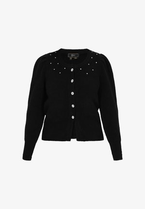 Juodas kardiganas su pūstomis rankovėmis, mygtukų užsegimu ir išsibarsčiusiais mažais brangakmeniais ant pečių. Minkšta mezginio medžiaga su prigludusia forma.