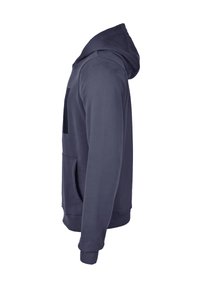 Granatowy hoodie z przednią kieszenią, ściągaczami przy mankietach i kapturem ze sznurkiem. Gładka struktura materiału o prostym, jednolitym wzorze.