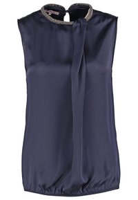 Navy blue sleeveless blouse in satin fabric with a high neckline, decorative bead accents, and a front drape detail. Elastic hem at the bottom.