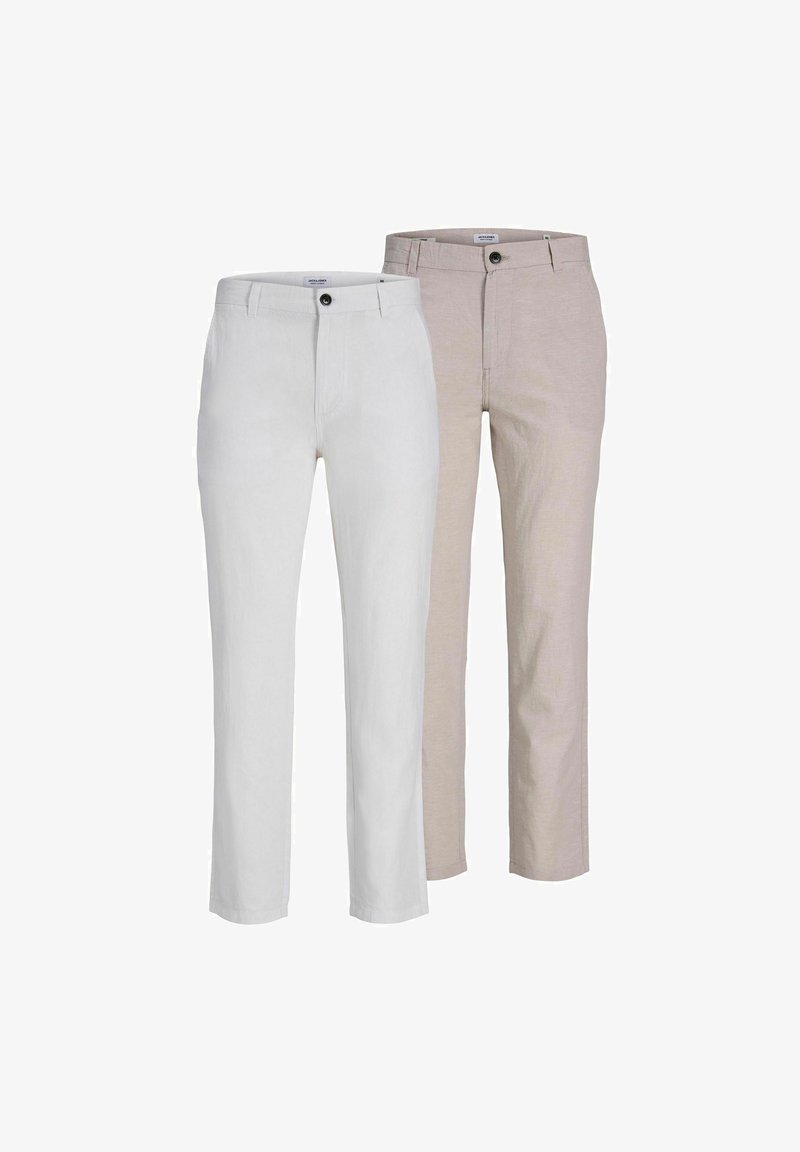 Two pairs of pants: one white, one light beige. Both feature a straight leg, button closure, and smooth fabric with a subtle texture.