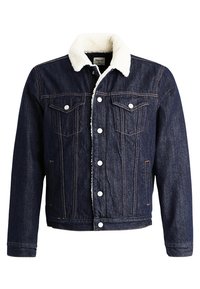 Denim jacket featuring a dark blue color, sherpa-lined collar, front buttons, and two chest pockets with flaps. Textured fabric.
