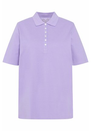 Polo tričko v světle levandulové barvě s krátkými rukávy, límcem a zapínáním na knoflíky s pěti knoflíky. Hladký materiál a uvolněný střih.