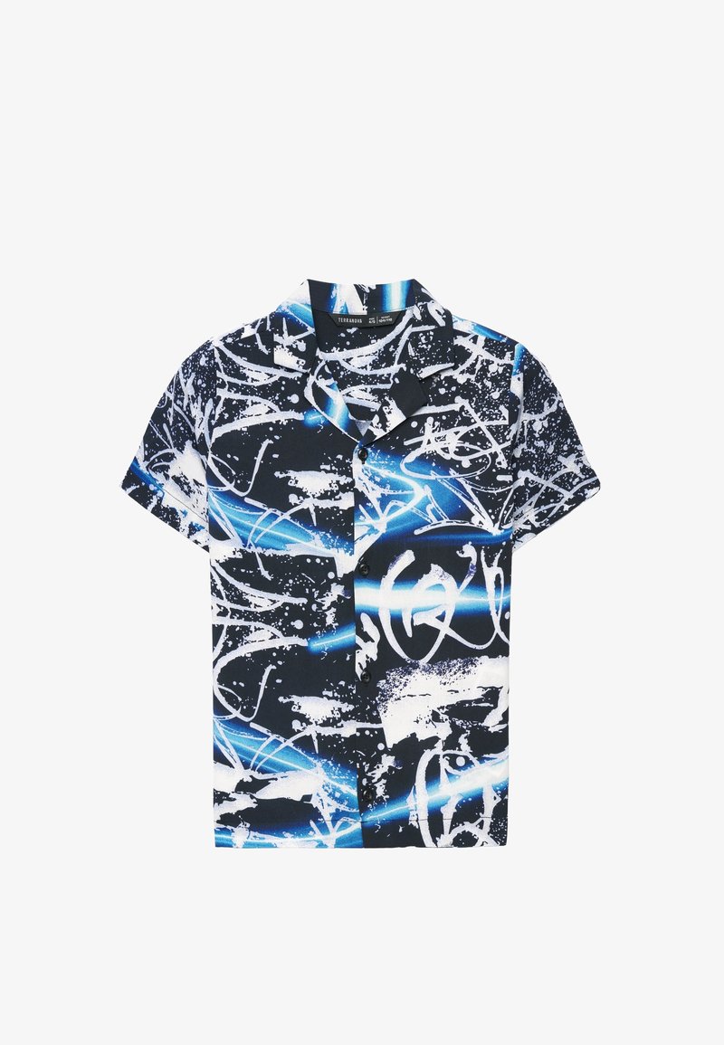 Koszula na krótki rękaw zapinana na guziki z abstrakcyjnym graffiti w kolorach czarnym, białym i niebieskim oraz otwartym kołnierzem.