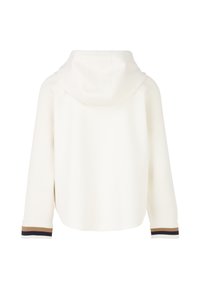 White cropped hoodie with ribbed sleeves, featuring a drawstring hood and striped accents in brown and navy at the cuffs.