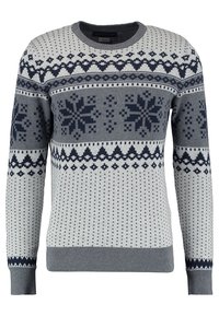 Pull gris avec motifs de flocons de neige bleu marine et blancs, col rond, manches longues, tricot texturé, poignets et ourlet côtelés, avec des détails géométriques.