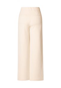 Wide-leg, cream-colored pants with an elastic waistband. Features two back pockets and a smooth, textured fabric finish.