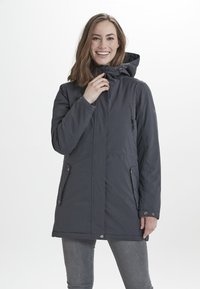 Veste imperméable gris foncé avec capuche, fermeture �éclair et boutons à l'avant, poches latérales et poignets ajustables pour un ajustement confortable.