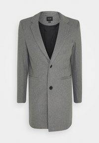 Grijze wollen blazer met een enkele zwarte knoop, revers met inkeping, twee voorzakken en een zwarte voering; getailleerde pasvorm met lange mouwen.