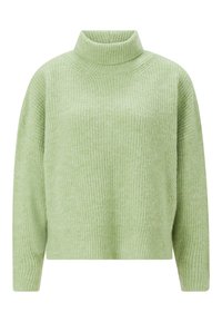Helles grünes, geripptes Strickpullover mit hohem Rollkragen und langen Ärmeln, der eine lockere Passform und eine weiche Textur aufweist.