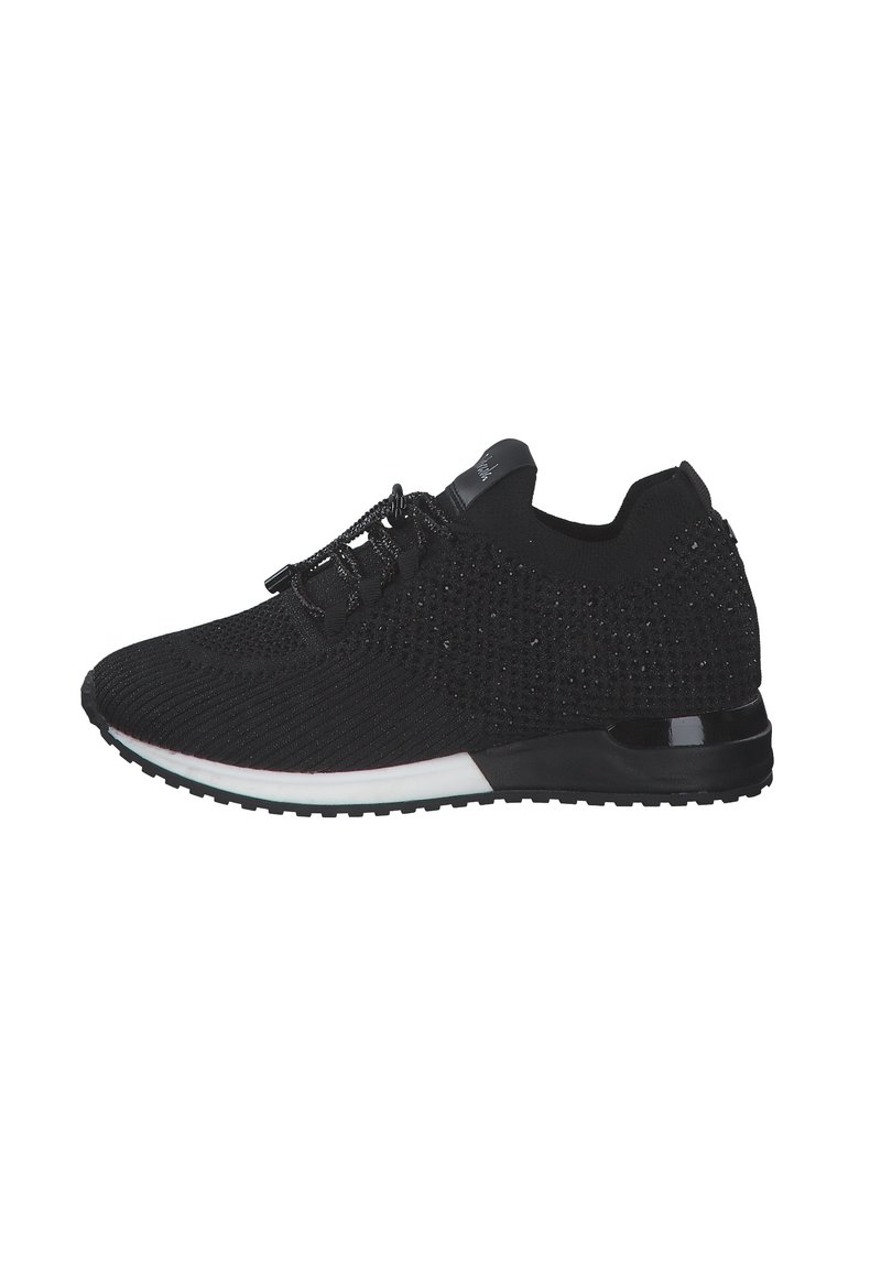Zapatillas deportivas negras con una parte superior de punto texturizado, acentos reflectantes y suela blanca contrastante. Cuenta con un cierre de cordones y una suela de goma.