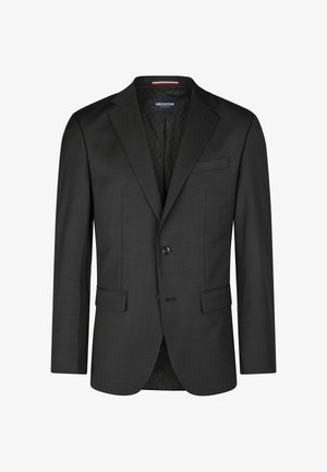 Schwarzer, maßgeschneiderter Herrenblazer mit Schlitzrevers, Zwei-Knopf-Verschluss, Klappentaschen und einer Brustleistentasche, Marke Hechter Paris.