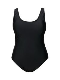 Maillot de bain une pièce noir avec un décolleté arrondi, des bretelles larges, une texture lisse et une coupe ajustée. Aucun motif ni embellissement visible.