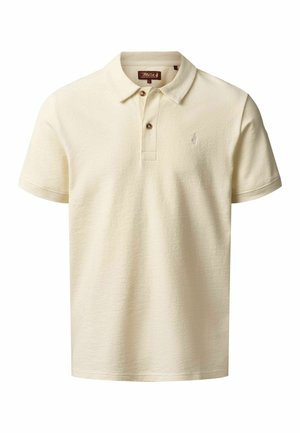 Polo da uomo a maniche corte color beige con due bottoni, colletto classico e logo ricamato discreto sul petto a sinistra.