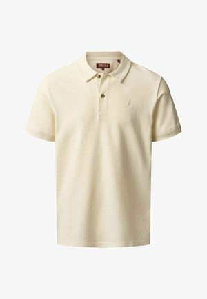 Meeste beež lühikeste varrukatega polosärk, millel on kaks nööpi, klassikaline krae ja vasakul rinnal peen tikitud logo.