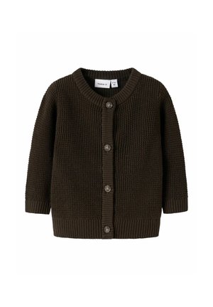 Cardigan per neonato di colore marrone scuro, lavorato a maglia, con maniche lunghe e quattro bottoni frontali, taglia 2-4 mesi.