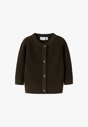Temno rjav pleten jumper za dojenčke z dolgimi rokavi in štirimi sprednjimi gumbki, velikost 2-4 mesece.