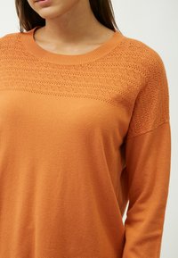 Oranges Sweatshirt mit strukturiertem Muster an den Schultern, geripptem Halsausschnitt und glatter Stoffqualität, mit langen Ärmeln.