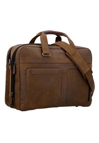 Bruine leren aktetas met een gladde textuur, meerdere vakken met ritssluiting, twee voorvakken en een afneembare schouderriem.