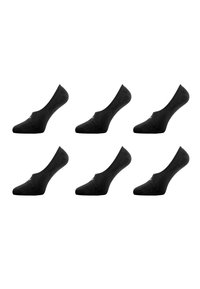 Six paires de chaussettes noires invisibles disposées en deux rangées sur un fond blanc, chacune avec un logo subtil près de l'orteil.
