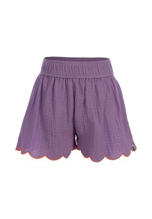 Paarse katoenen short met elastische tailleband en gegolfde zoom met oranje rand, getoond tegen een witte achtergrond.